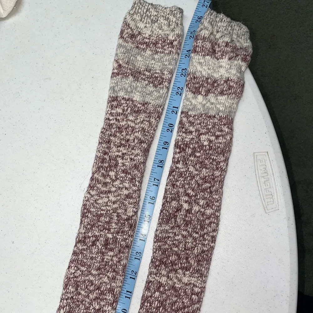 Burgundy‎ Gray Knit Knee High Boot Socks Winter Cozy